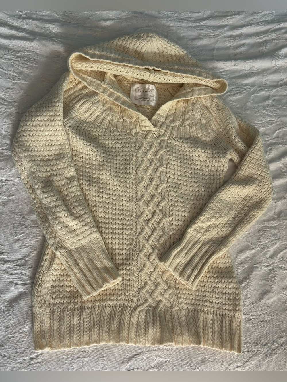 Vintage Old Navy Cream White Wool Hooded Pullover Tapered Cable Knit Sweater L